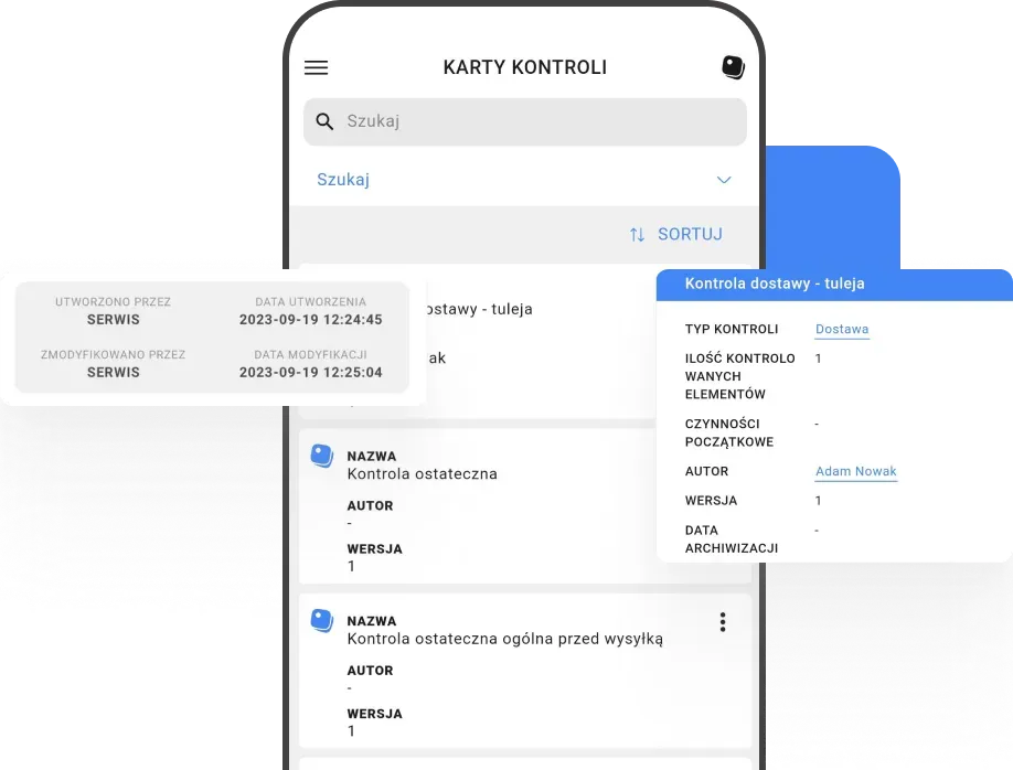 Ekran telefonu, pokazujący szczegołówy widok karty kontrolnej